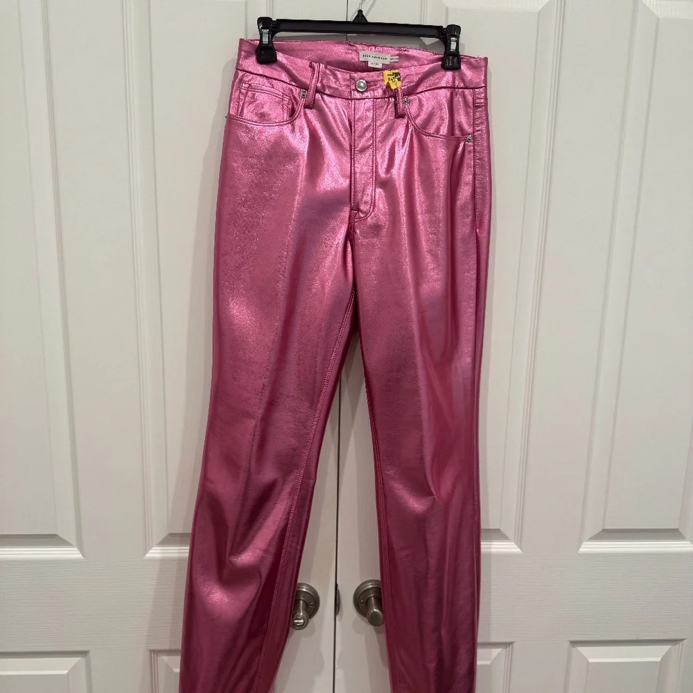 Good American Icon High Rise Straight Faux Leather Jeans in Powder Pink Metallic - Picture 2 of 4